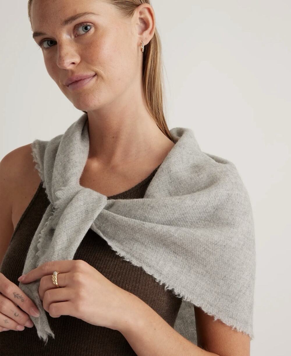 Quince Mongolian Cashmere Square Scarf Light Heather Grey 100% Cashmere